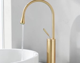 Brushed Gold Bathroom Faucet – Modern Brass Vessel Sink Tap – Minimalist High Arc Vanity Mixe