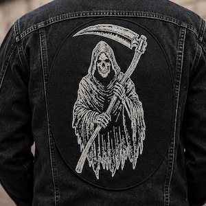 Patch Ricamata Grim Reaper 40x30 cm, Teschio con Falce, Gothic Dark, Metal Rock, Biker Back Patch per Giacca e Gilet