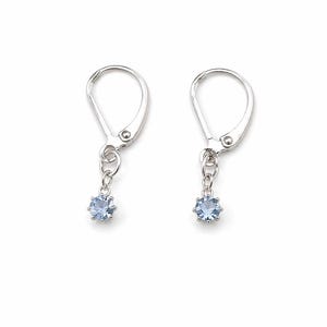 Può includere: Un paio di orecchini in argento con chiusura a leva, ciascuno con una piccola gemma blu chiaro. Le gemme sono rotonde e sfaccettate, riflettendo la luce. Gli orecchini sono mostrati su sfondo bianco.