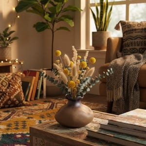May include: A brown ceramic vase holds a bouquet of dried flowers with yellow, beige, and green accents. The vase sits on a wooden coffee table with books, in a cozy living room setting with a patterned rug and a leather sofa.