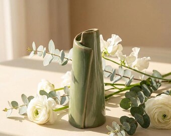 Sculptural Sage Green Ceramic Vase | Slim Bud Vase, Minimalist Japandi Decor