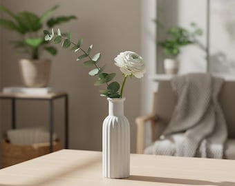 White Ribbed Ceramic Bud Vase, Modern Japandi Decor
