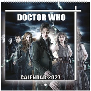 May include: A Doctor Who wall calendar for 2027 featuring a dark, stormy background with lightning and a pyramid. The cover displays a group of characters, including a central figure in a dark coat, surrounded by others in various attire.