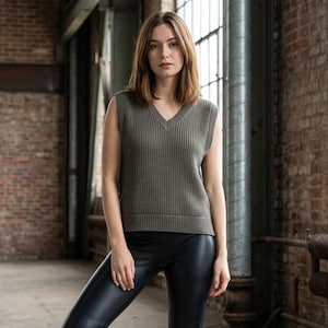 May include: A woman wearing a sleeveless olive green sweater with a V-neck and black leather pants. The sweater has a textured knit pattern. The background features a brick wall and industrial elements.