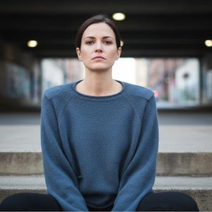 May include: A person wearing a blue sweater sits on concrete steps. The sweater has a crew neck and raglan sleeves. The background includes a dark tunnel with lights and graffiti.