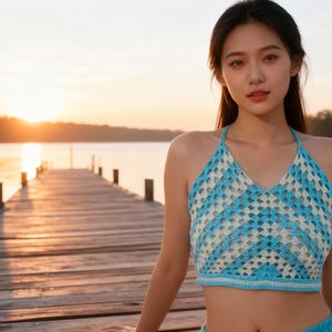 Peut inclure: Haut de bikini en crochet bleu et blanc avec un motif en V. Le haut est fait d'une matière légère et respirante. L'arrière-plan présente un ponton en bois et un coucher de soleil sur l'eau.