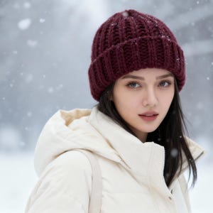 Könnte beinhalten: Eine bordeauxfarbene Strickmütze und eine cremefarbene Kapuzenjacke werden in einer verschneiten Umgebung getragen. Die Mütze hat eine tiefrote Farbe und eine gerippte Textur. Die Jacke hat ein schlichtes Design und einen neutralen Farbton. Der Hintergrund ist verschwommen mit Schneeflocken.