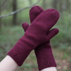 May include: A pair of knitted mittens in a deep burgundy color. The mittens are made of a thick, textured yarn and have a classic mitten shape with a separate thumb. The background is a blurred forest scene.