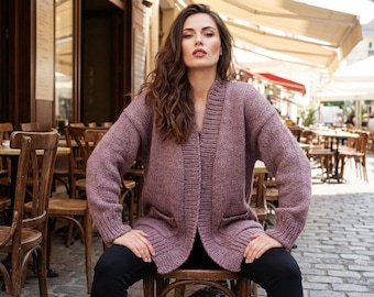 Knit Long Cardigan Pattern Oversized Pocket Jacket Cozy Womens PDF