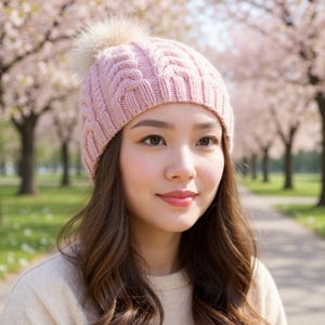 May include: A light pink cable-knit beanie with a fluffy, light-colored pom-pom. The hat is worn by a person with long, brown hair. The background features a blurred pathway lined with trees with pink blossoms.
