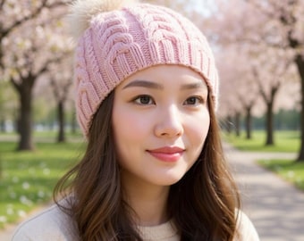 May include: A light pink cable-knit beanie with a fluffy, light-colored pom-pom. The hat is worn by a person with long, brown hair. The background features a blurred pathway lined with trees with pink blossoms.