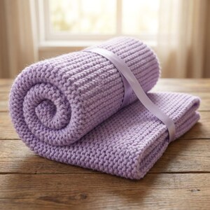 May include: A rolled-up, lavender-colored knitted blanket with a matching ribbon tied around it. The blanket is folded and placed on a wooden surface, with a window in the background.