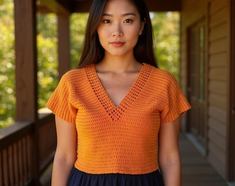 V Neck Crochet Top Pattern PDF – Lightweight Short Sleeve Summer Shirt XS–3XL