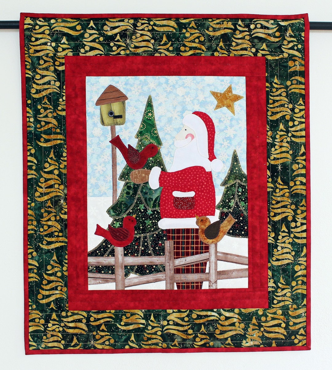 Quilted Christmas Wall Hanging Santa Birds Etsy