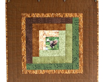 Quilted Moose Wall Hanging, Log Cabin Table Topper, 21"x21"