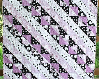 Purple Black Floral Lap Quilt, Quilted Throw, Small Quilt, Wheelchair Blanket, Baby Quilt, 55.50"x39.50"