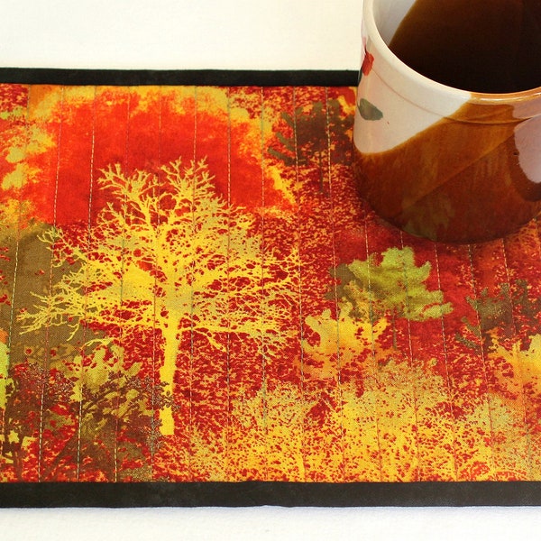 Quilted Fall Mug Rug, Autumn trees, 9.50x7.50-inch