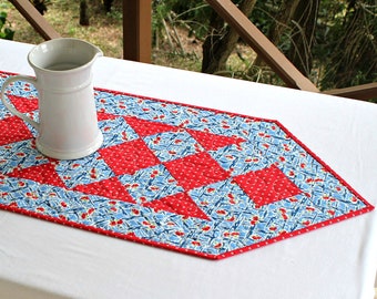 Quilted Summer Table Runner, Blue Red Floral Table Quilt, 43.75"x16.25"