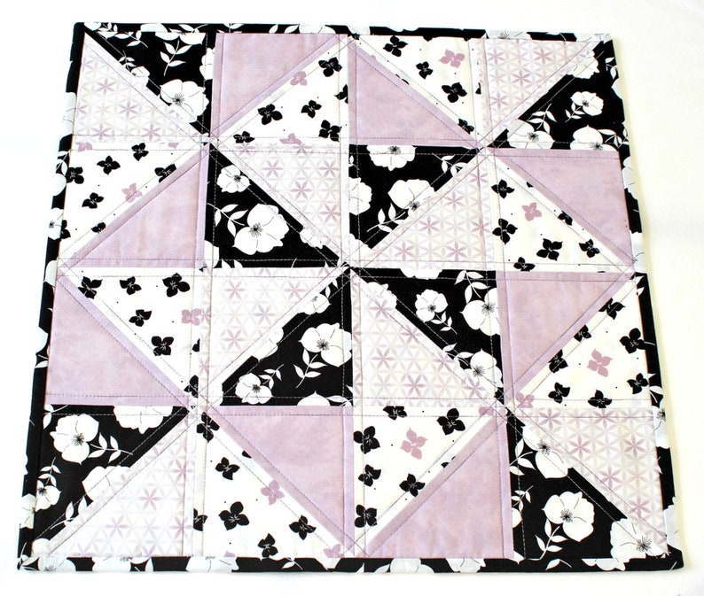 Quilted Table Topper, Lavender Black Table Quilt, Candle Mat, 16.50x16.50 image 2