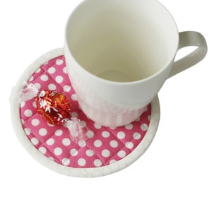 Quilted Round Coasters, Set of 2 Pink White Mug Mats, 5.25&quot; Diameter