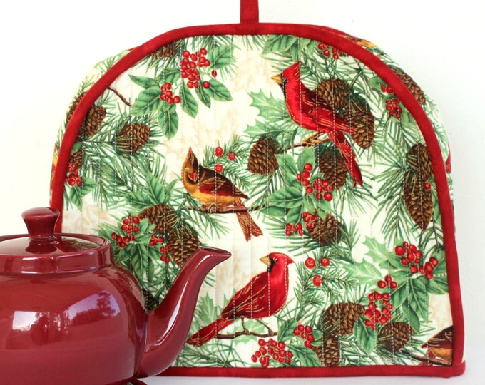 Quilted Christmas Tea Cozy, Cardinals, Teapot Mat, Insulated Teapot