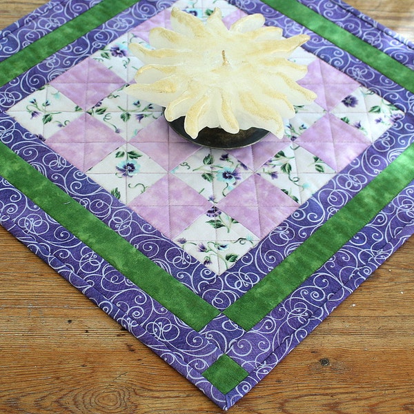 Pansies Table Topper - Quilted Table Topper - Floral Table Mat - Purple Green Table Topper - Purple Candle Mat