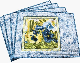 Quilted Placemats, Blue Yellow Pansies Daffodils, Set of 4 Table Mats, 14"x18"