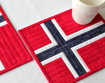 Norwegian Flag Mug Rug Quilted, Red White Blue, Patriotic 17th May, Norway National Day, 10"x8"