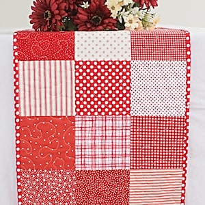 Quilted Table Runner, Red White Table Quilt, 41&quot;x14&quot;
