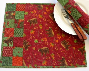 Quilted Placemats, Set of Two Bears Table Mats, 17"x14"