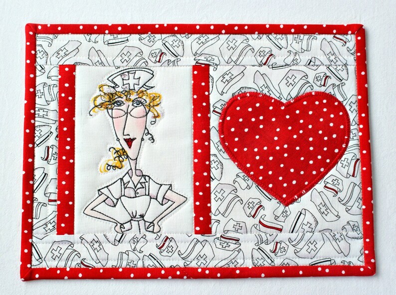 Quilted Mug Rug Nurse Snack Mat Red and White Mug Mat Etsy