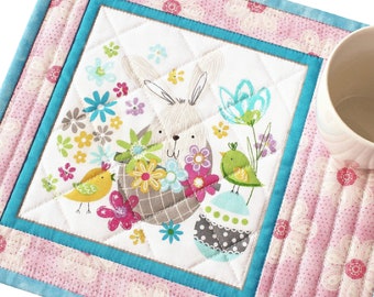 Quilted Mug Rug, Easter Bunny, Pink Blue Pastels Snack Mat, 10.25"x9"