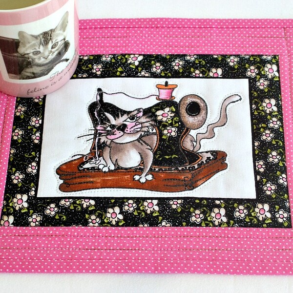 RESERVED FOR KARI O., Cat Mug Rug, Quilted Snack Mat, Pink Black Mug Mat, Candle Mat, Gift for Quilter, Quiltsy Handmade