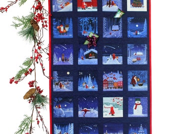 Quilted Advent Calendar, Tomten's Village, Scandinavian Christmas, 21.75"Wx34"H