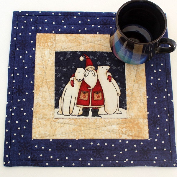 Christmas Mug Rug, Santa Mug Rug, Quilted Mug Rug, Blue Cream Snack Mat, Candle Mat