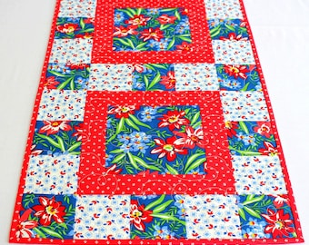 Quilted Table Runner, Blue Red Floral Table Quilt, 39.50"x15.50"