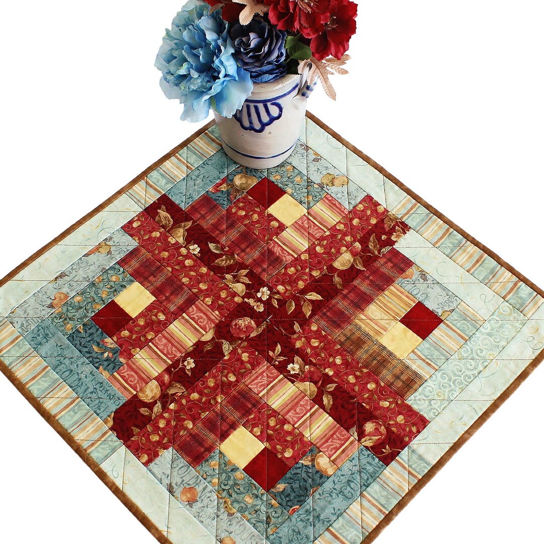 Quilted Log Cabin Table Topper, Apple Table Quilt, 21.50