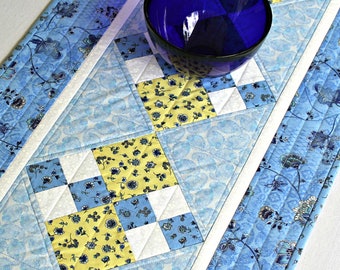Quilted Table Runner, Blue Yellow Long Table Quilt, 54.25"x17"