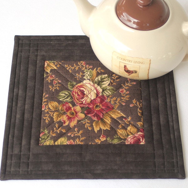 Quilted Trivet, Insulated Trivet, Roses Hot Pad, Brown Pot Holder, Casserole Mat, Quiltsy Handmade