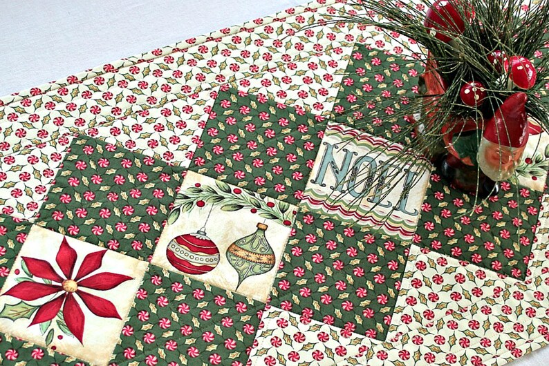 Green Holly Leaves Holiday Table Quilt Quilted Christmas Table Runner