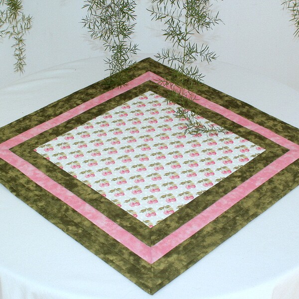 Quilted Table Topper, Cherry Table Runner, Pink Table Topper, Kitchen Table Quilt, Quiltsy Handmade