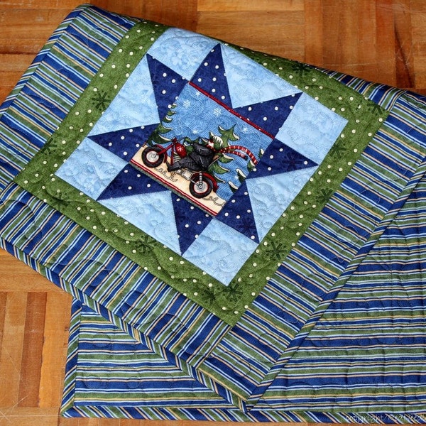 Quilted Christmas Table Runner - Winter Table Topper - Motorcycle Table Runner - Blue Table Decor