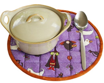 Halloween Quilted Round Trivet, Reversible Purple Hot Pad, 10" Diameter