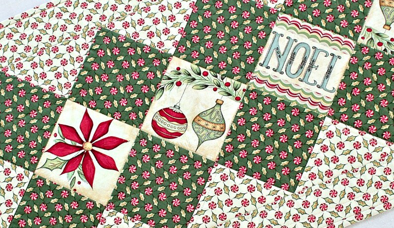 Green Holly Leaves Holiday Table Quilt Quilted Christmas Table Runner