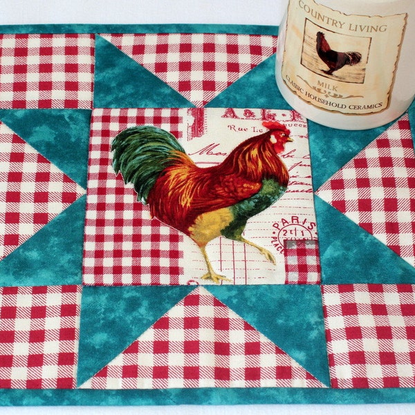 Rooster Mug Rug - Snack Mat - Quilted Candle Mat - Red White Check Teal Mug Rug