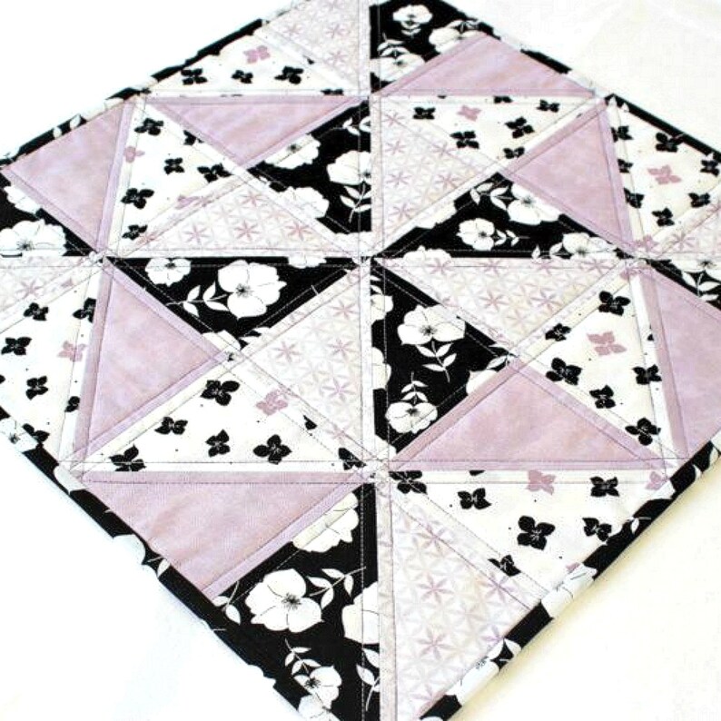 Quilted Table Topper, Lavender Black Table Quilt, Candle Mat, 16.50x16.50 image 4