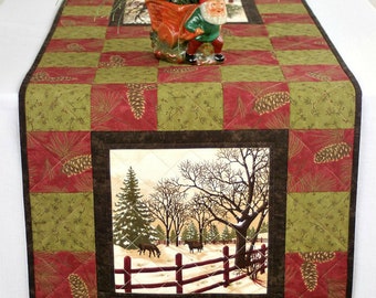 Quilted Winter Table Runner, Horses, Snow Scenery, 45.50"x18"