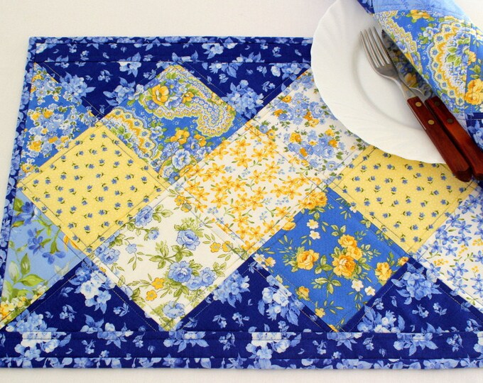 Quilted Placemats Blue Yellow Placemats Summer Table Mats Quilted Table
