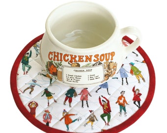 Quilted Round Trivet, Ice Skating, Insulated Hot Pad,  8.25" diameter