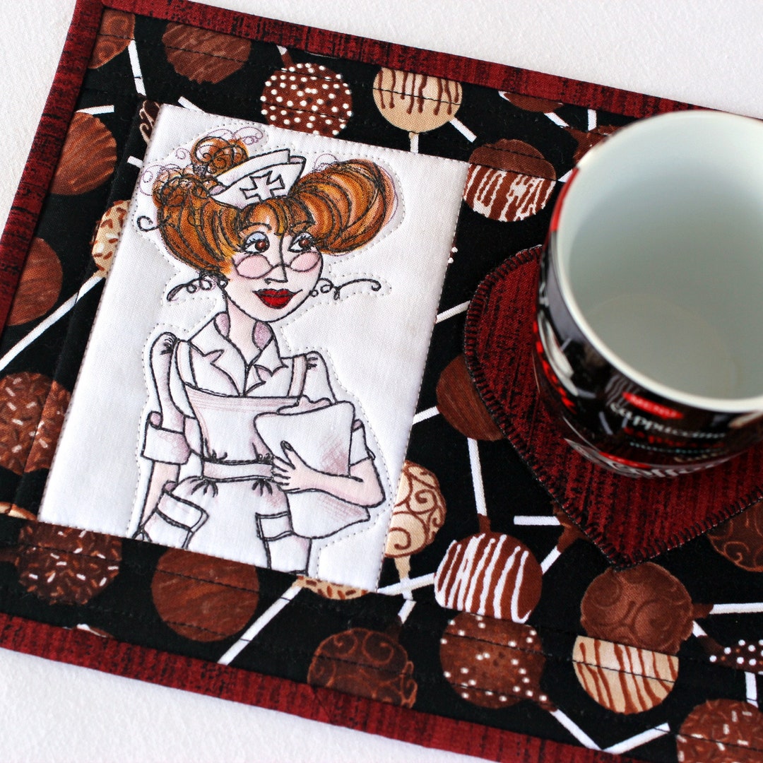 Nurse Quilted Mug Rug, Chocolate Lollipops, 10